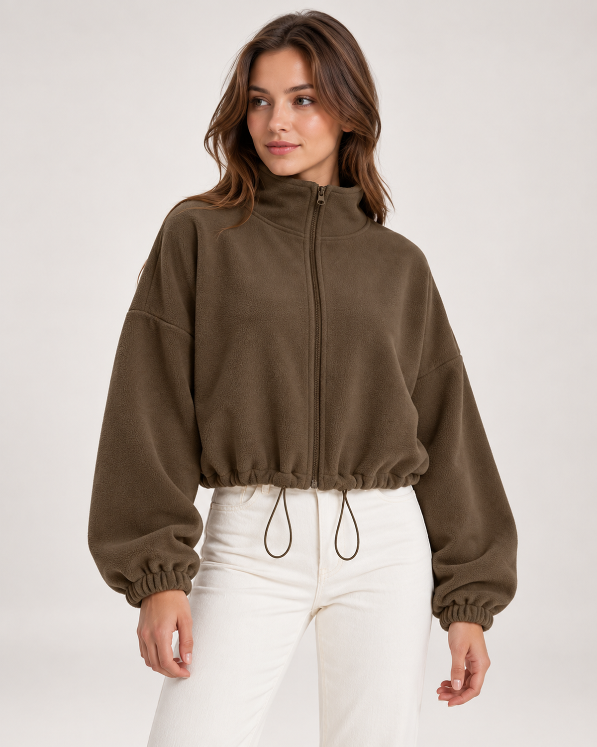 Women’s brown fleece jacket close front view