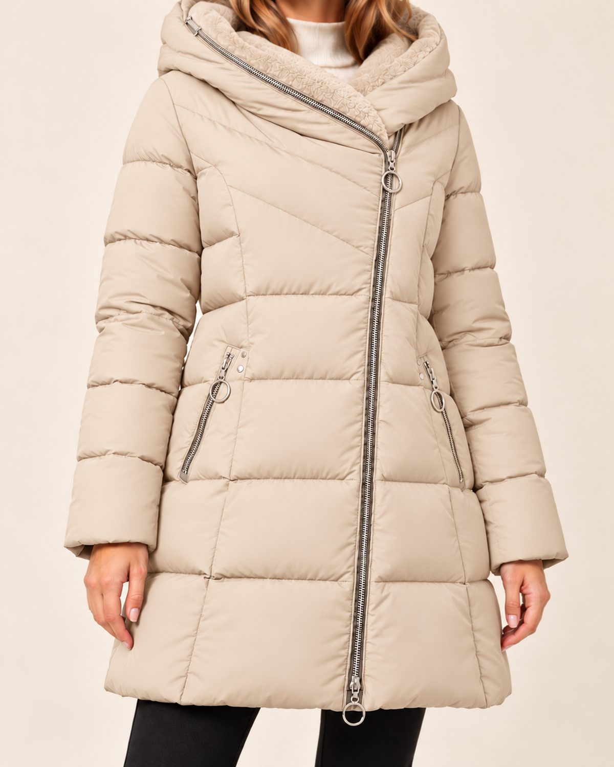 Women's beige long puffer jacket with asymmetric zip close variant view