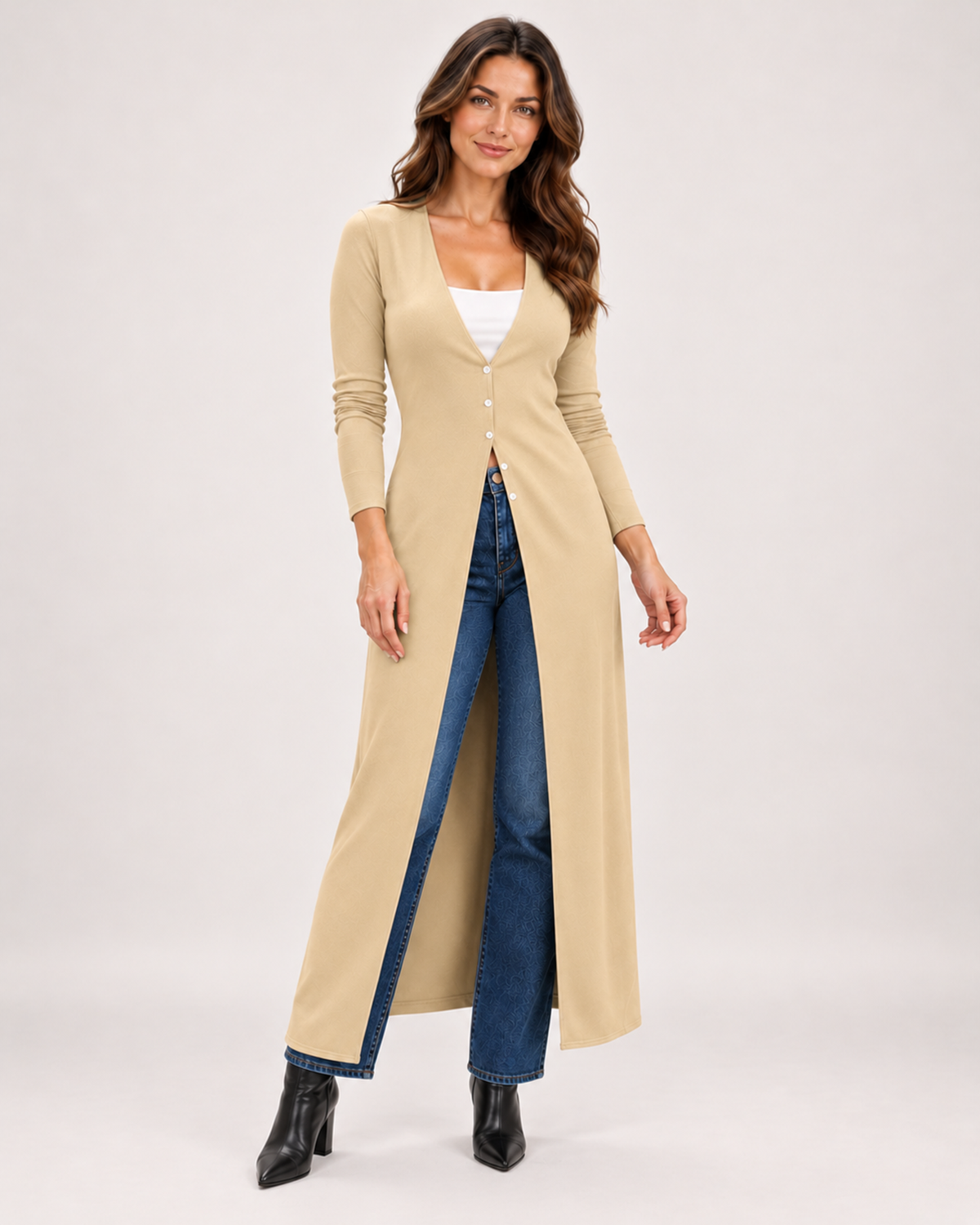 Women's Coatigan with V Neck and Longline Button Front beige close variant view