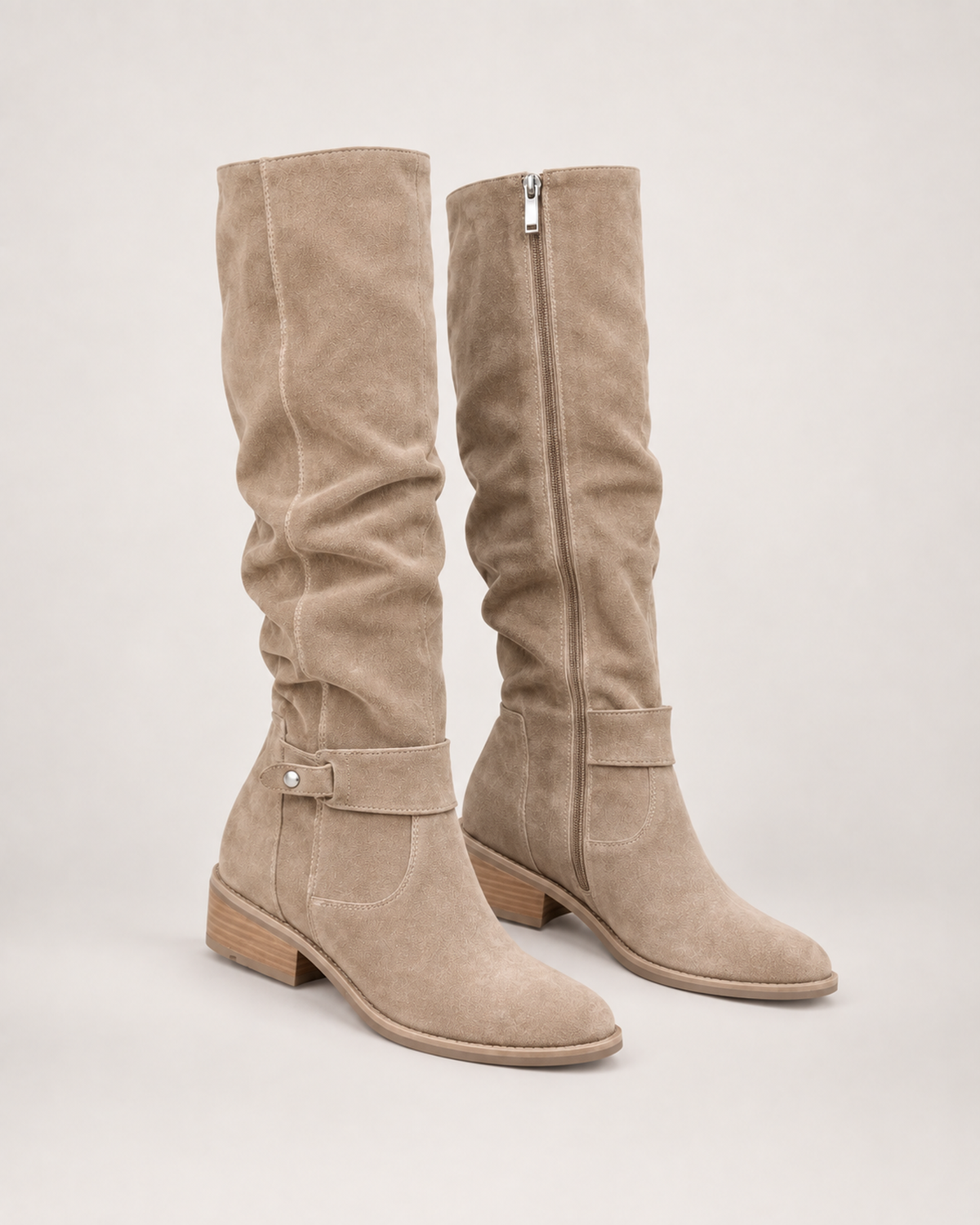 Women’s Knee High Boots with Low Heel and Side Zip in Beige, product only pair front three quarter view
