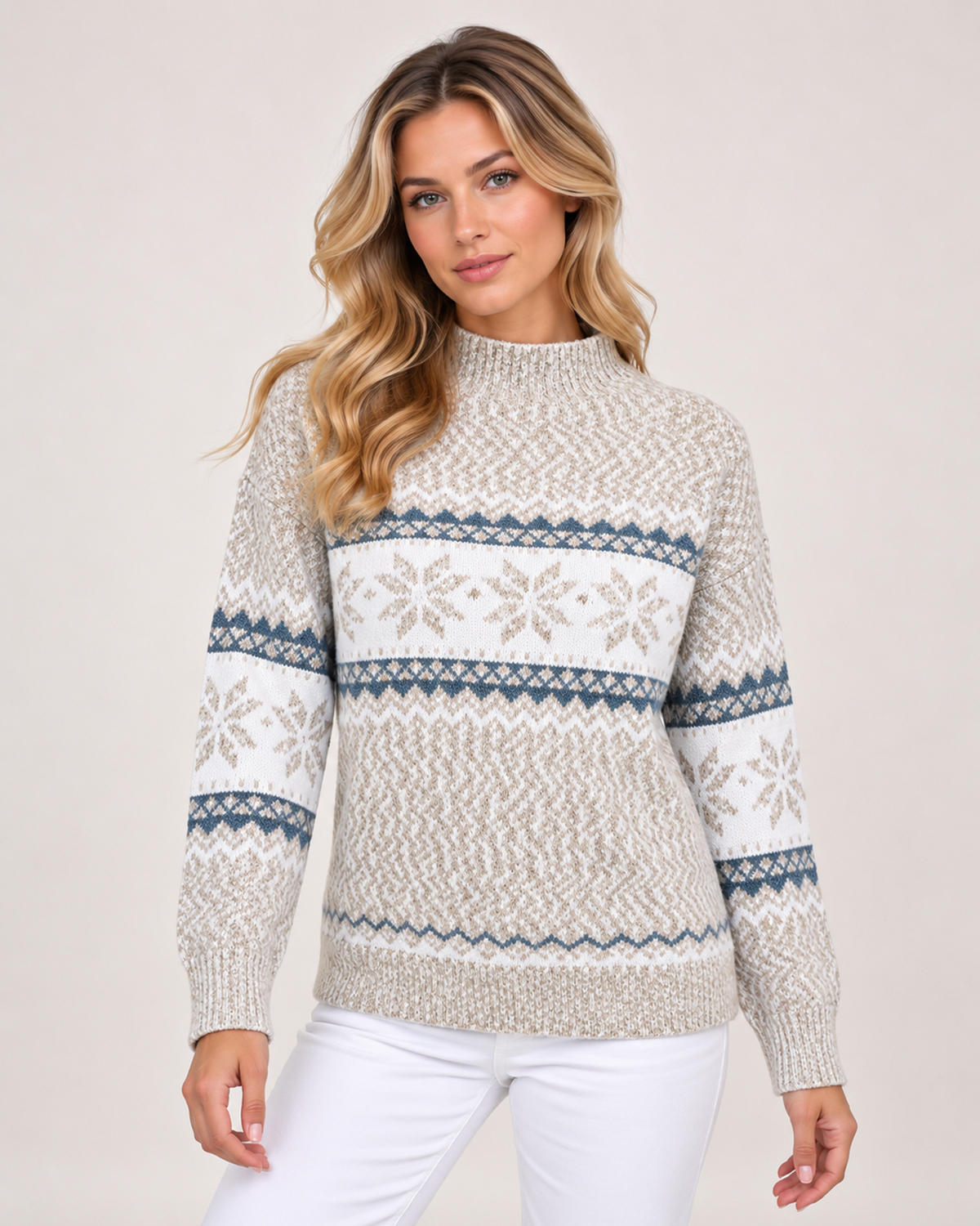 Women's Christmas Jumper with Fair Isle Pattern and Roll Neck beige close variant view