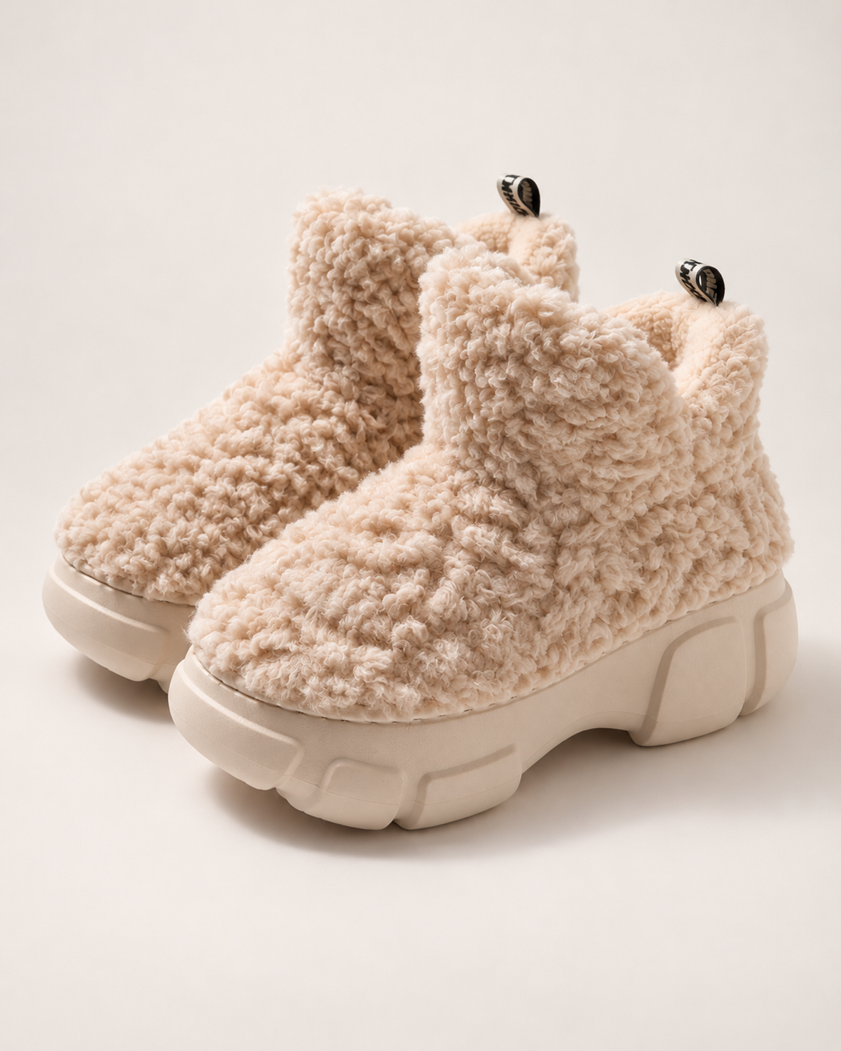 Women’s Snow Boots with Platform Sole and Fluffy Ankle Cuff in Beige, product only view