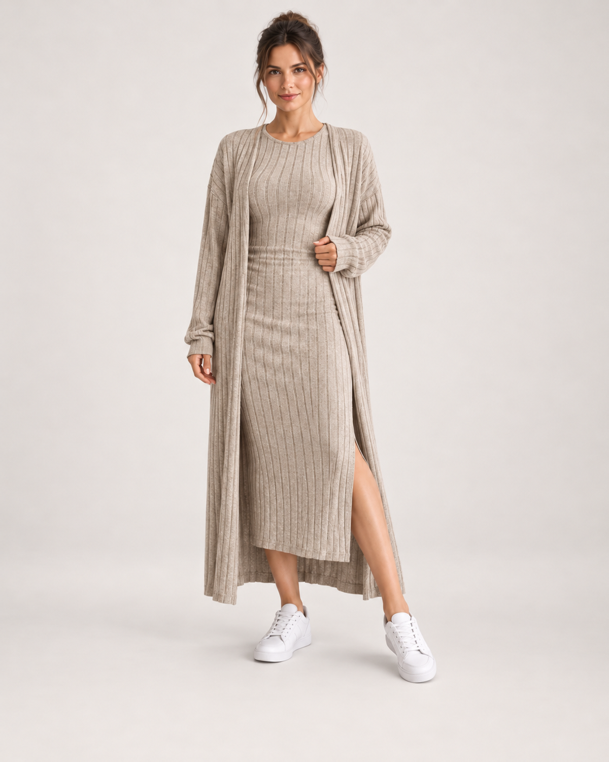 Women’s Knitted Dress Set with Long Cardigan in Beige, full body view