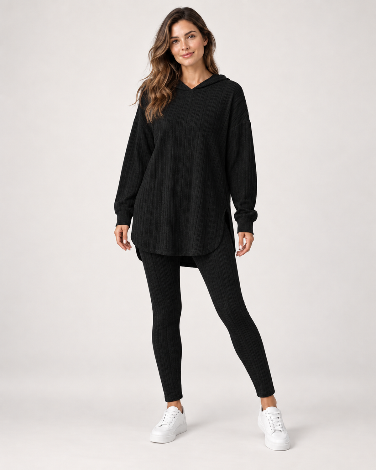 Women’s Loungewear Set with Hooded Longline Top and Leggings in Black, full body view