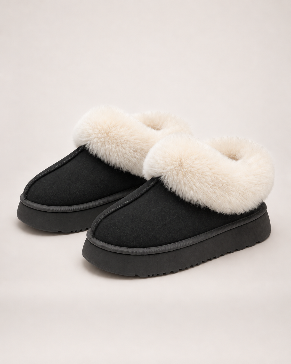 Women’s Platform Slippers with Fluffy Collar in Black, product only pair front three quarter view