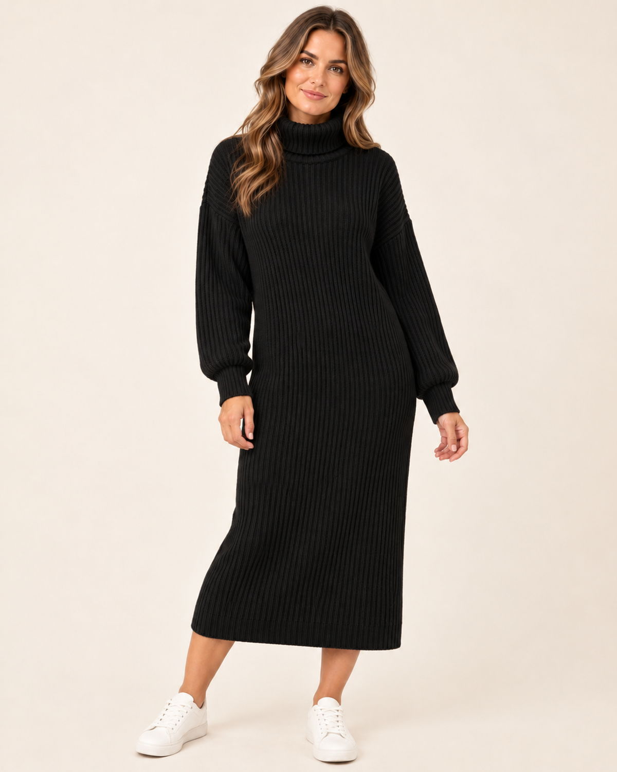 Women’s Jumper Dress with Roll Neck and Ribbed Finish in Black, full body view