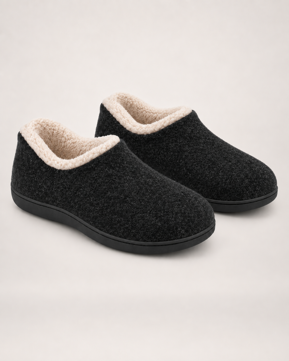 Women’s Full Slippers with Closed Back and Soft Collar in Black, product only pair front three quarter view