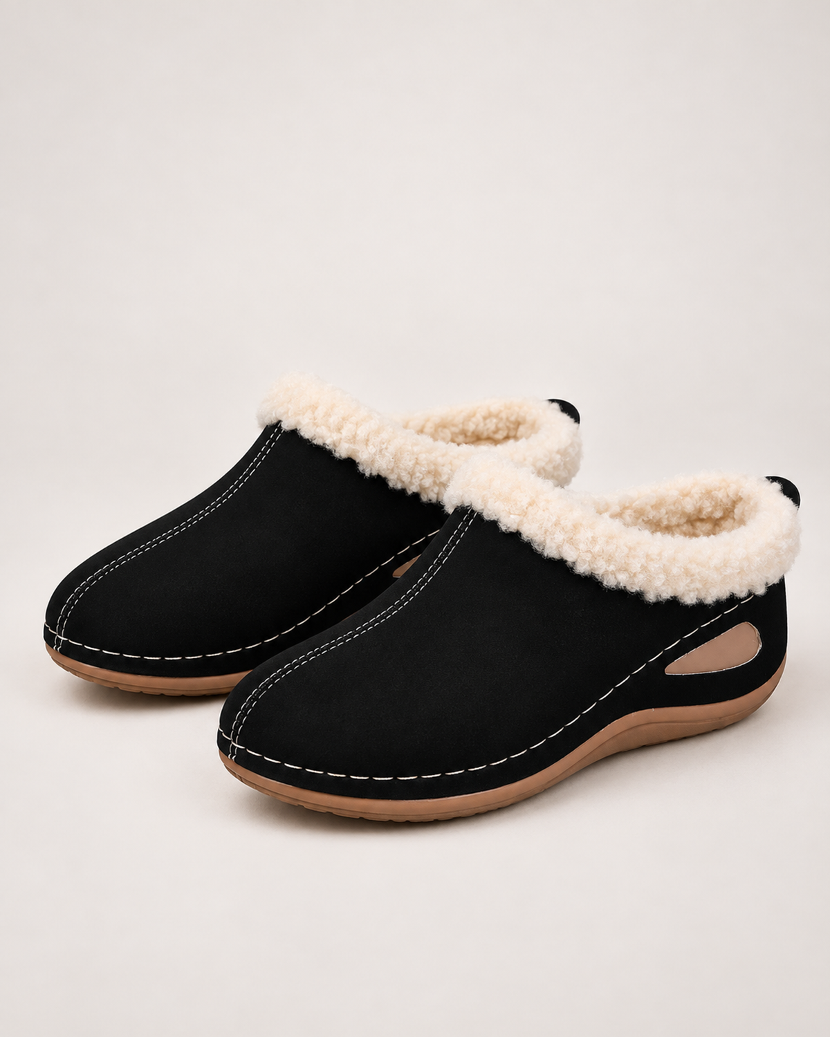 Women’s Slipper Clogs with Plush Lining and Wedge Sole in Black, product only pair front three quarter view