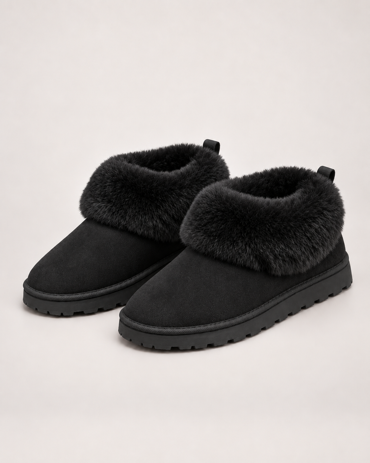 Women’s Slipper Boots with Fold-Down Fluffy Cuff in Black, product only pair front three quarter view