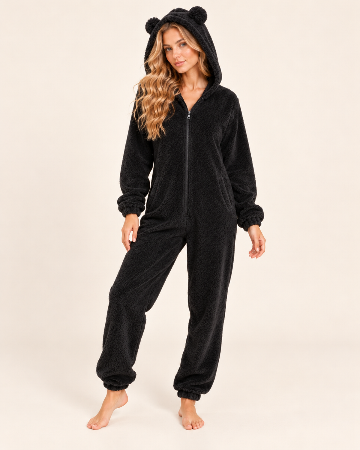 Women’s Fleece Onesie with Hood and Bear Ear Detail in Black, full body view
