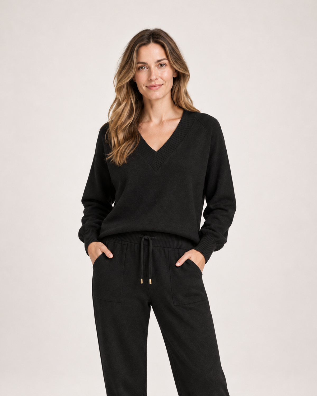 Women’s Loungewear Set with V-Neck Top and Joggers in Black, full body view