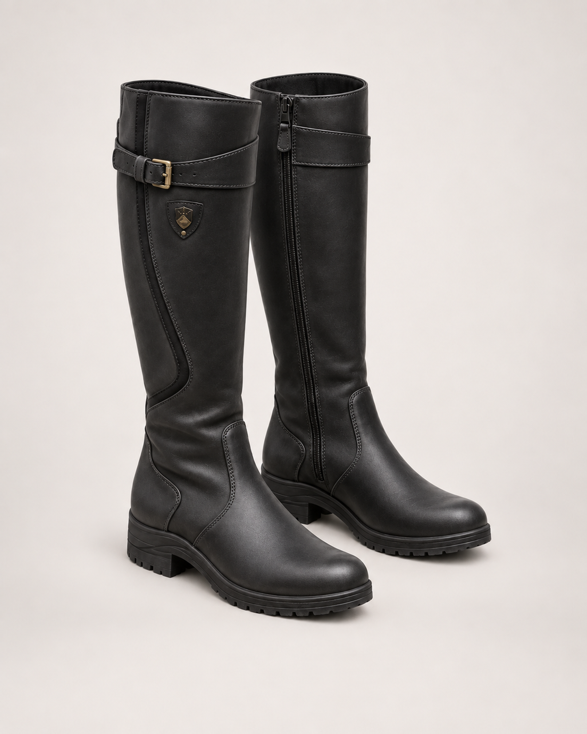 Women’s Riding Boots with Buckle Detail and Low Heel in Black, product only pair front three quarter view