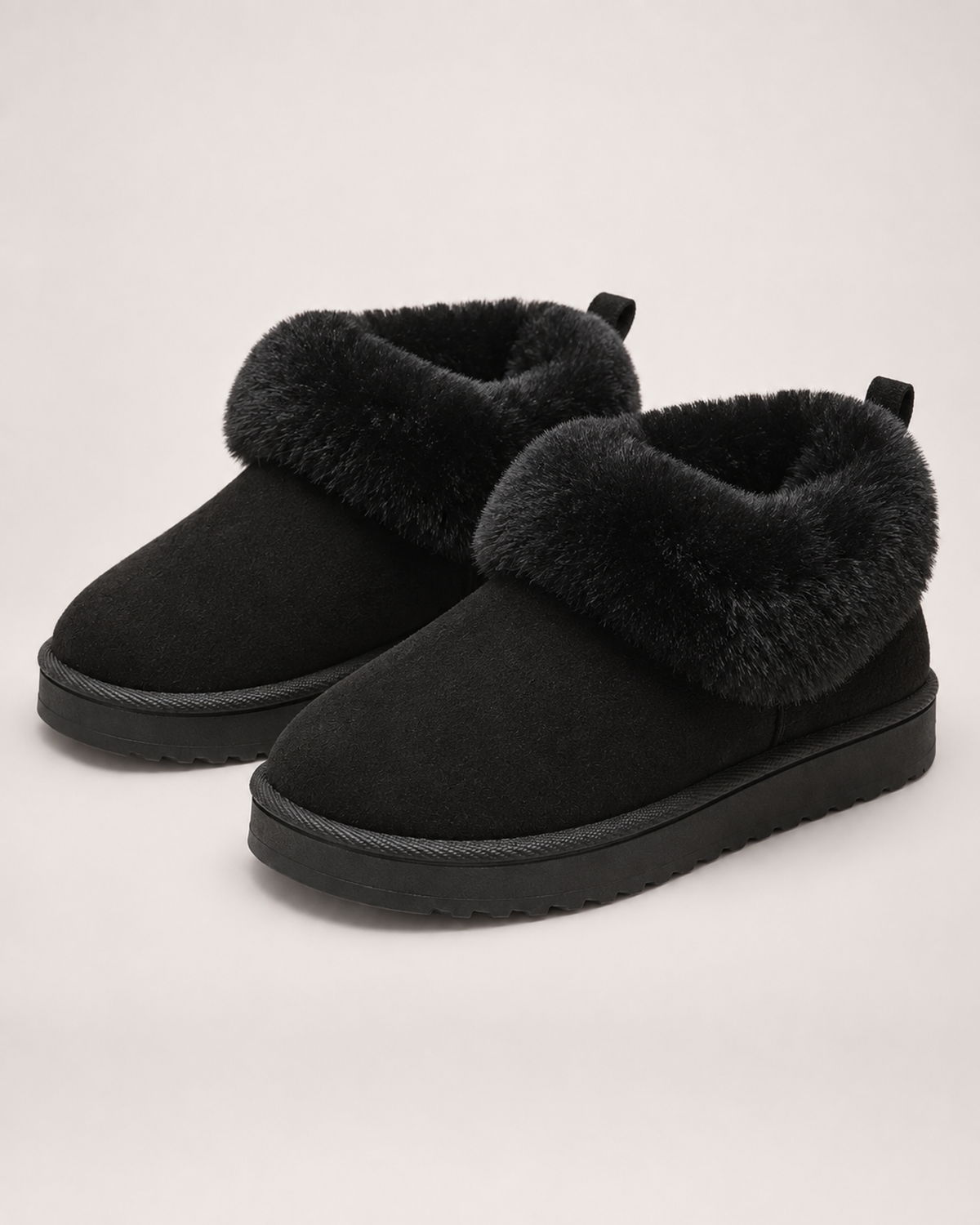 Women’s Slipper Boots with Fluffy Cuff and Platform Sole in Black, product only pair front three quarter view