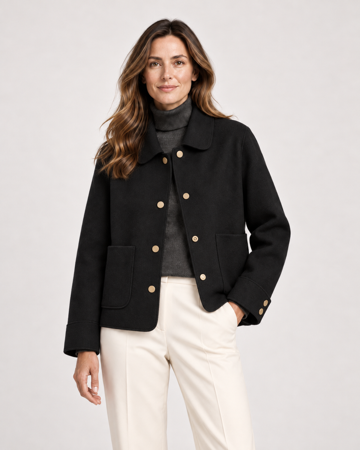 Women’s Short Jacket with Button Front and Patch Pockets in Black, lower body product focus view