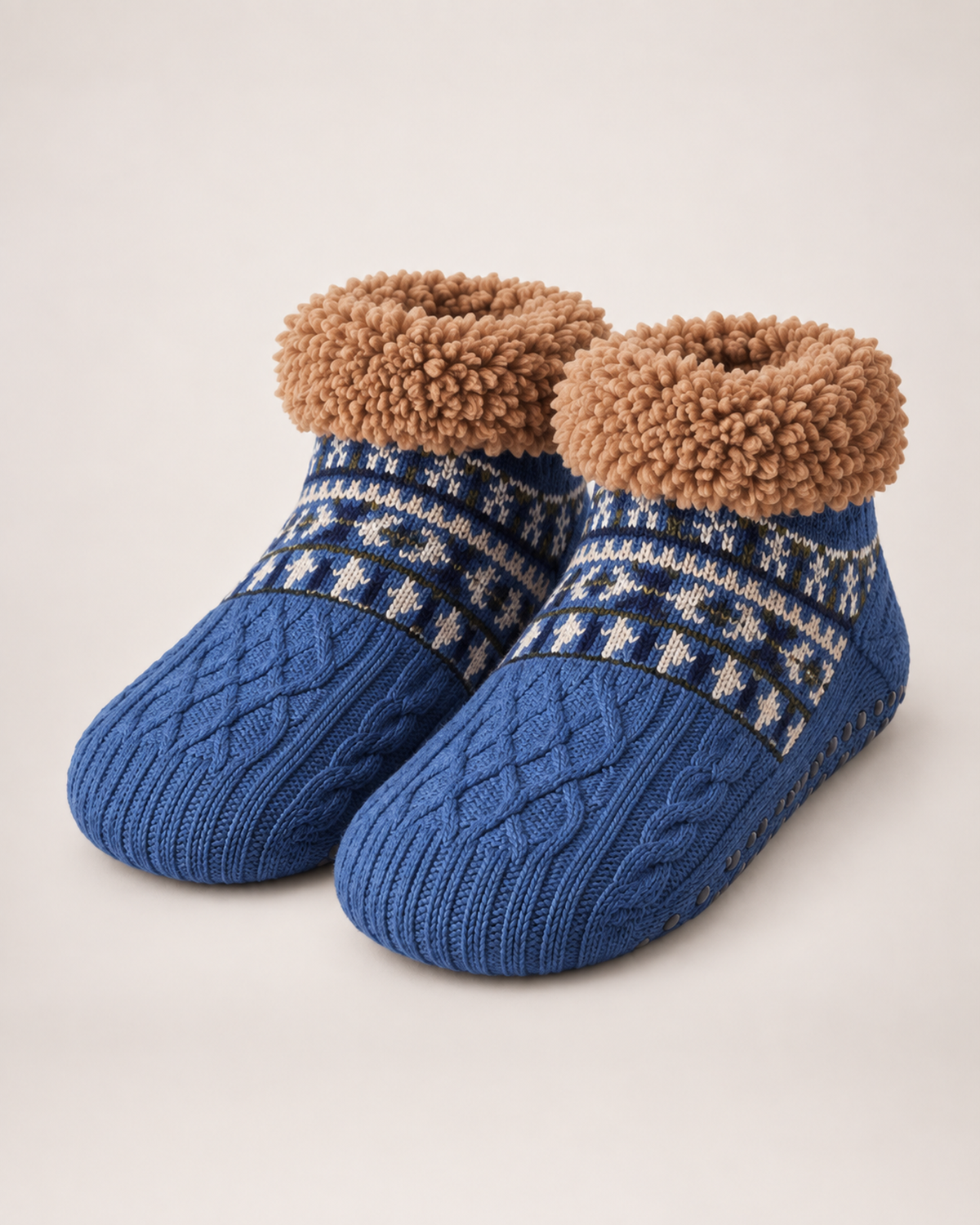 Women’s Slipper Socks with Fair Isle Pattern in Blue, product only pair front three quarter view