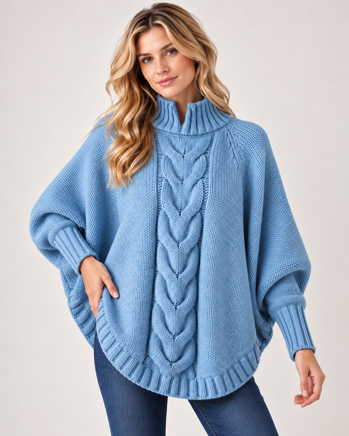 Women's Cable Knit Jumper with High Neck and Batwing Sleeves blue close variant view