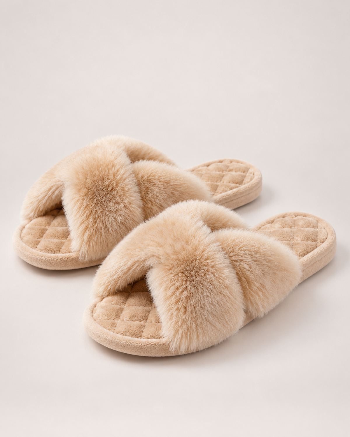 Women’s Fluffy Slippers with Cross Straps and Open Toe in Brown, product only view