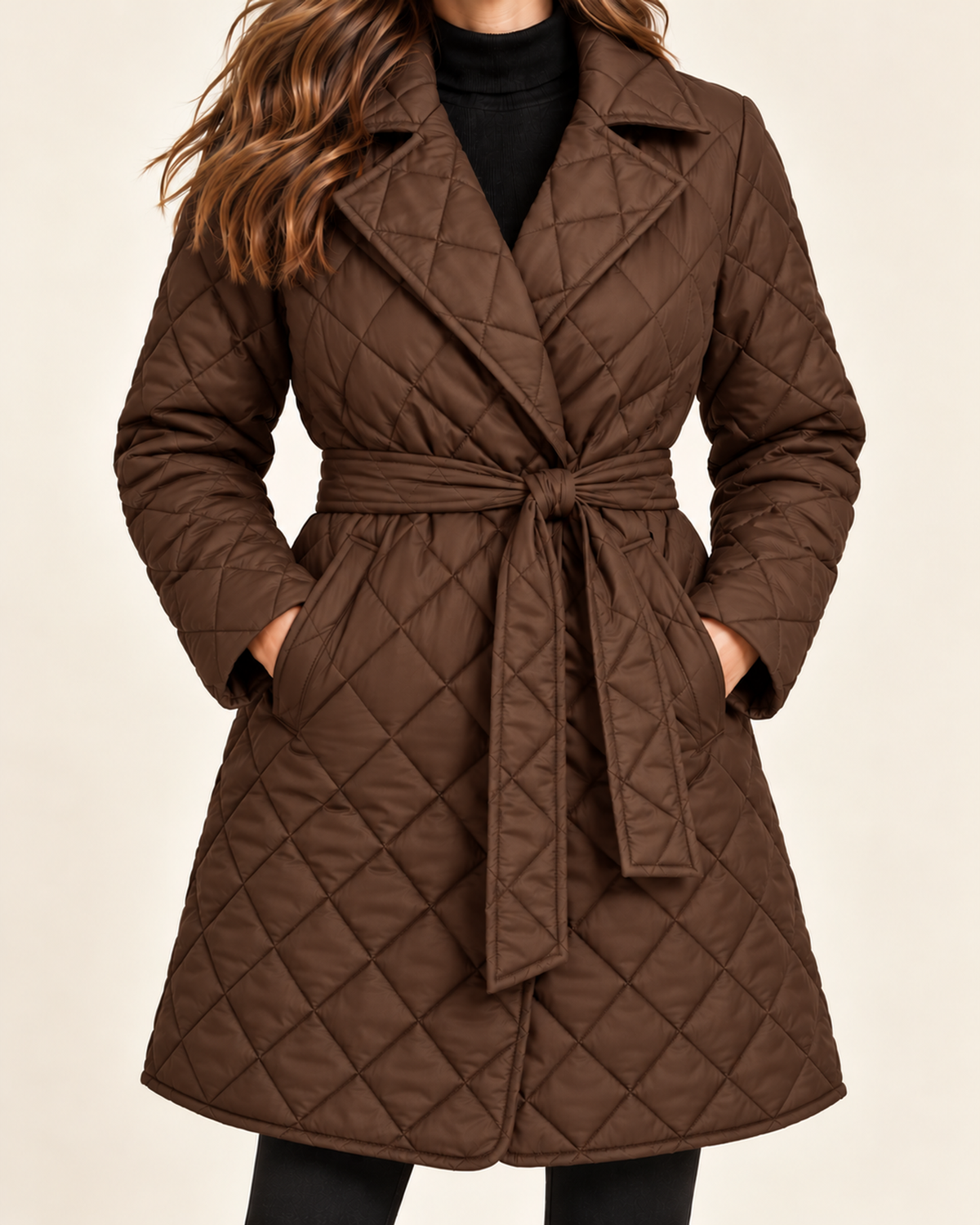 Women's brown quilted belted lapel coat close variant view