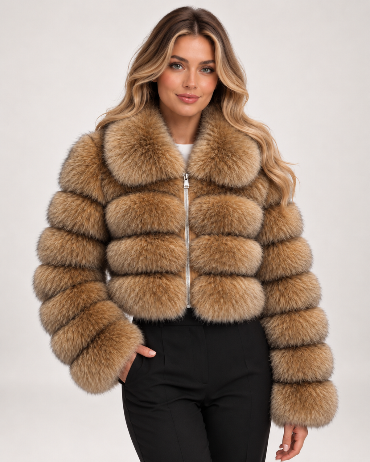 Women's Faux Fur Jacket with Cropped Shape and Wide Collar brown close variant view