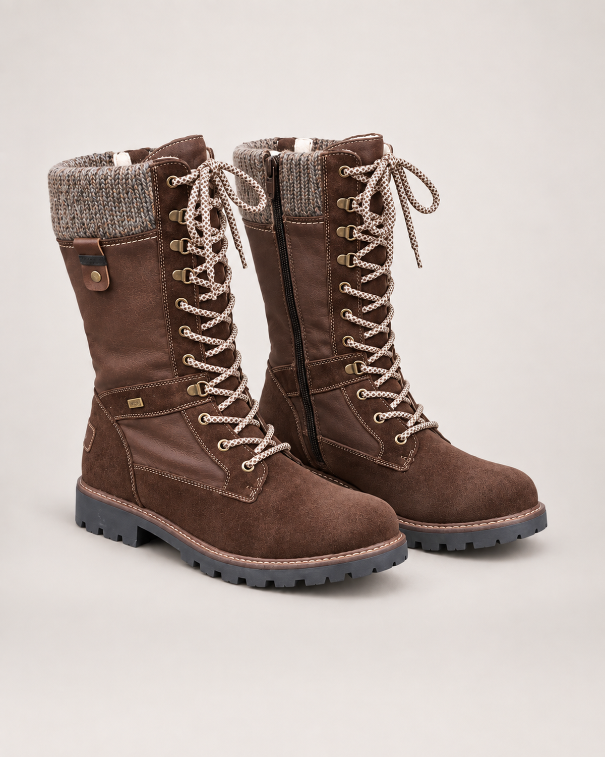 Women’s Lace Up Boots with Knitted Cuff in Brown, product only pair front three quarter view