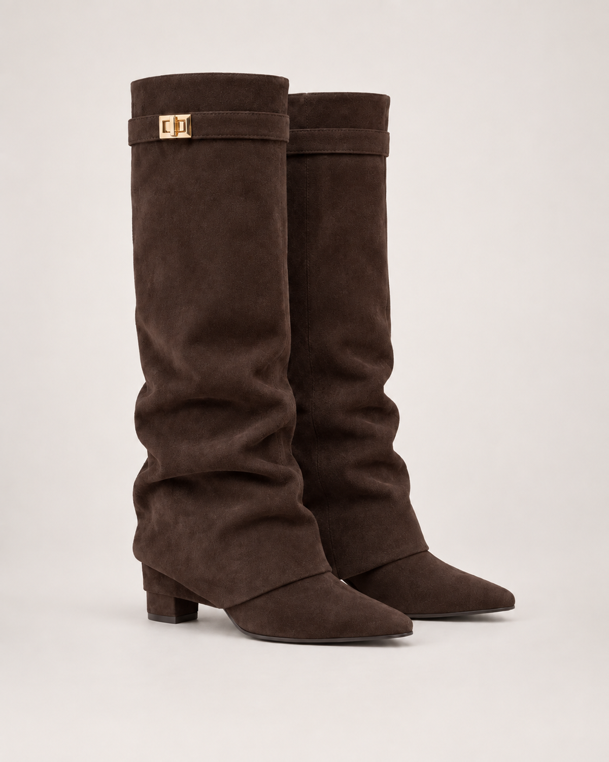 Women’s Knee High Boots with Pointed Toe and Metal Buckle in Brown, product only pair front three quarter view