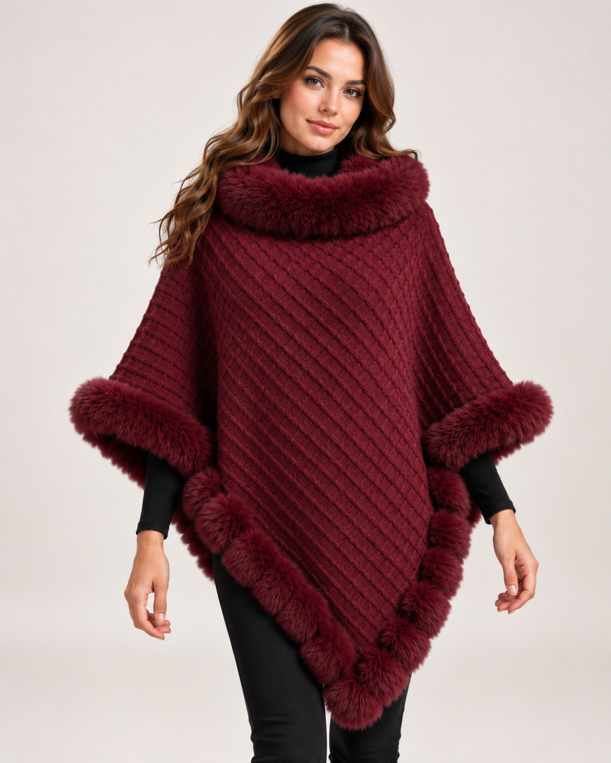 Women's burgundy cape coat with faux fur trim close variant view