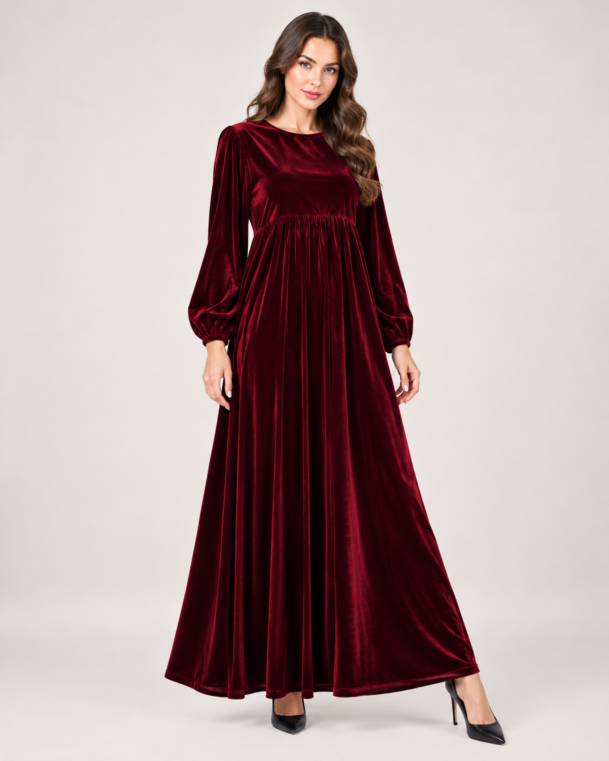 Women’s Velvet Maxi Dress with Draped Waist in Burgundy, lower body product focus view