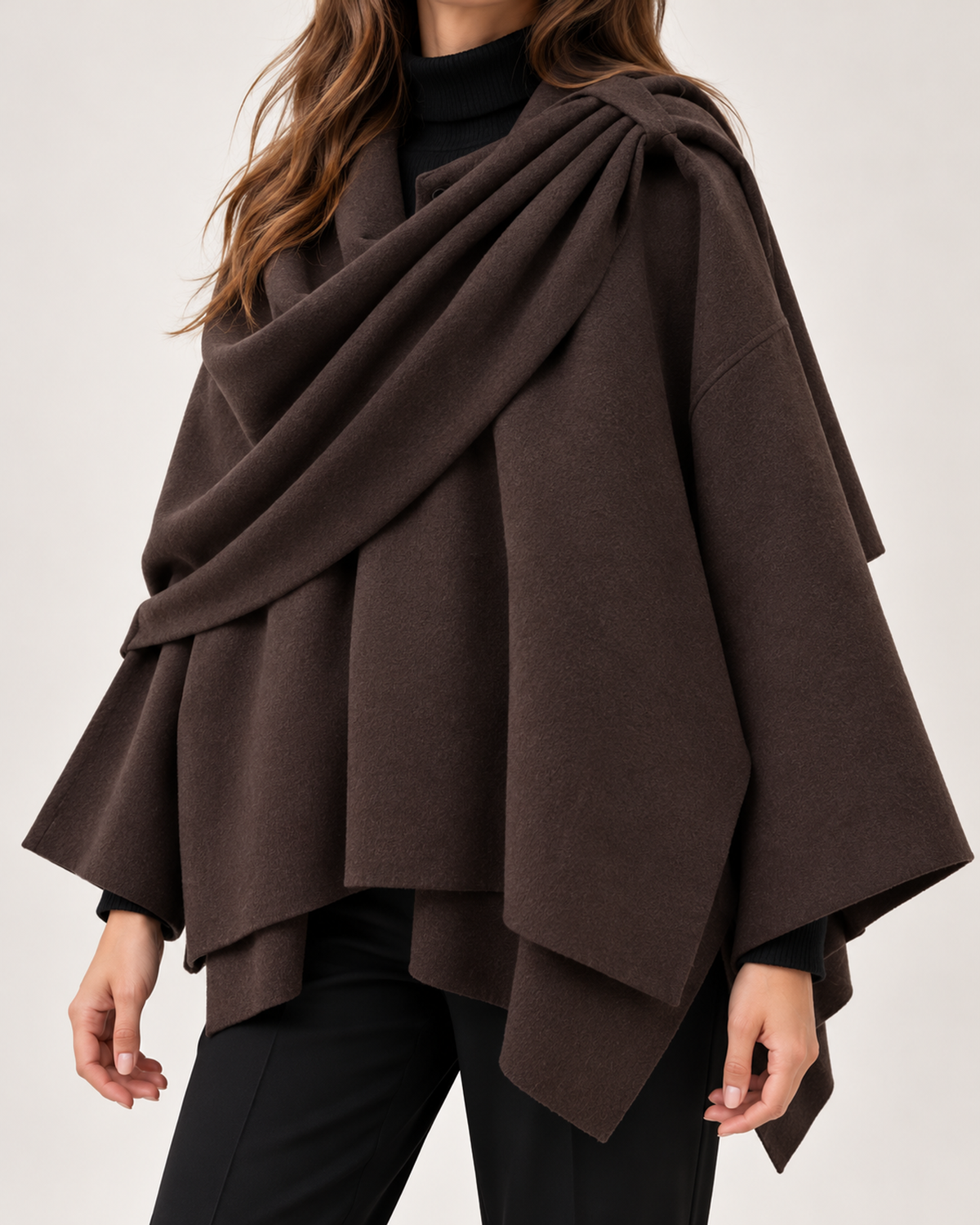 Women's coffee brown asymmetric scarf cape coat close variant view
