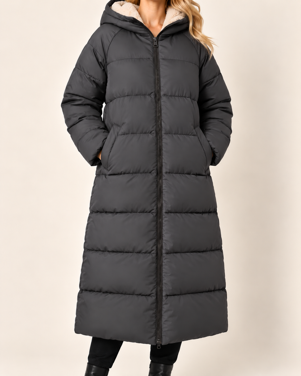 Women's dark grey long puffer coat with hood close variant view