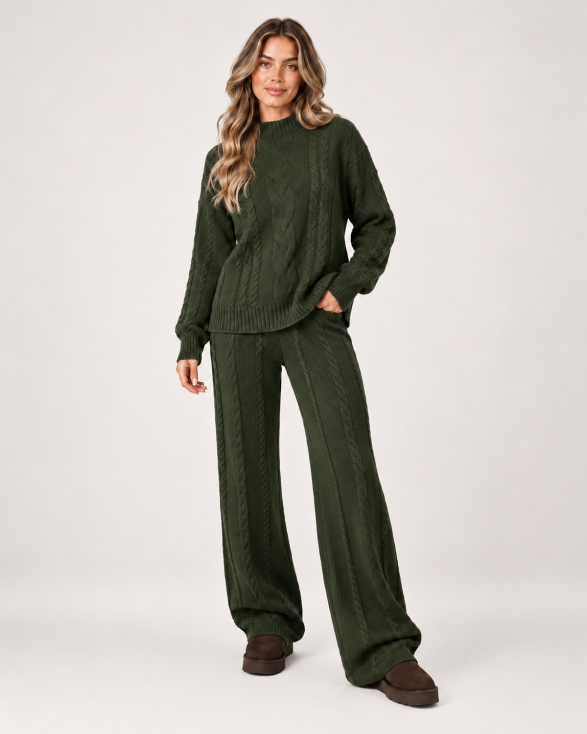 Women's Knitted Co-Ord Set with Cable Knit Jumper and Wide Leg Trousers green close variant view