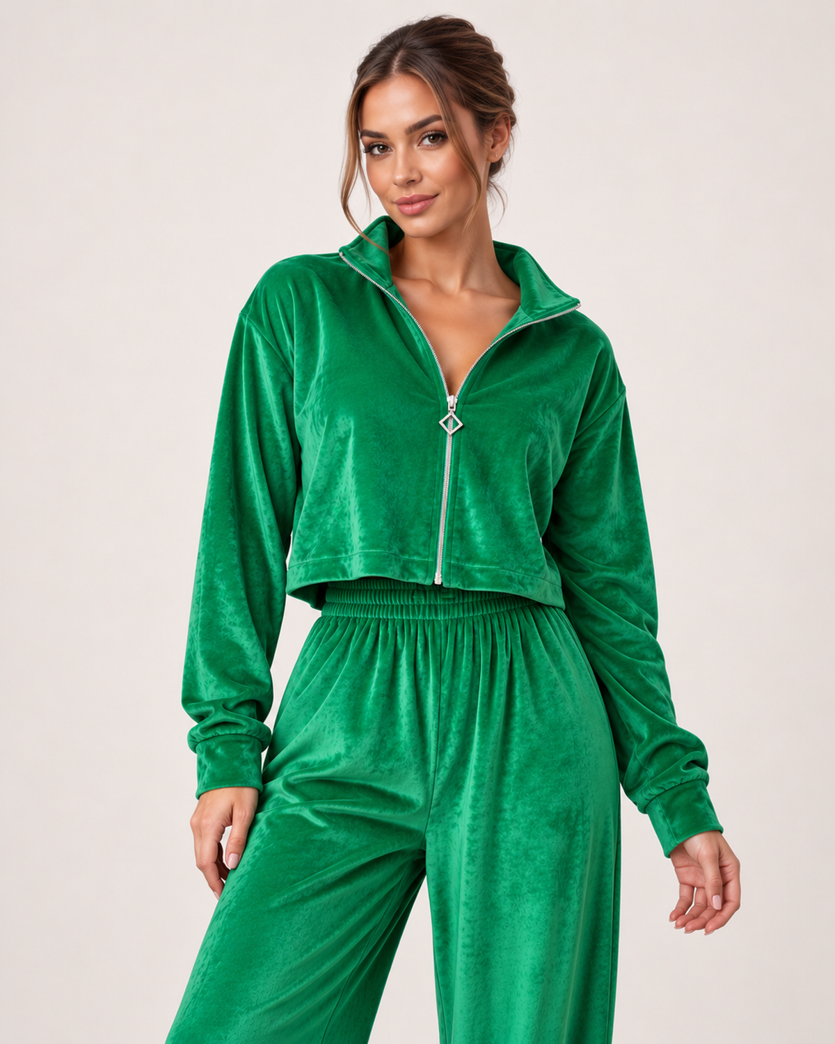 Women’s Loungewear Set with Zip Up Top and Wide Leg Trousers in Green, full body view