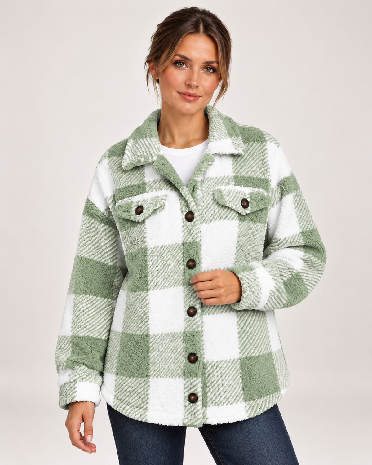 Women's Fleece Jacket with Checked Pattern and Button Front green close variant view