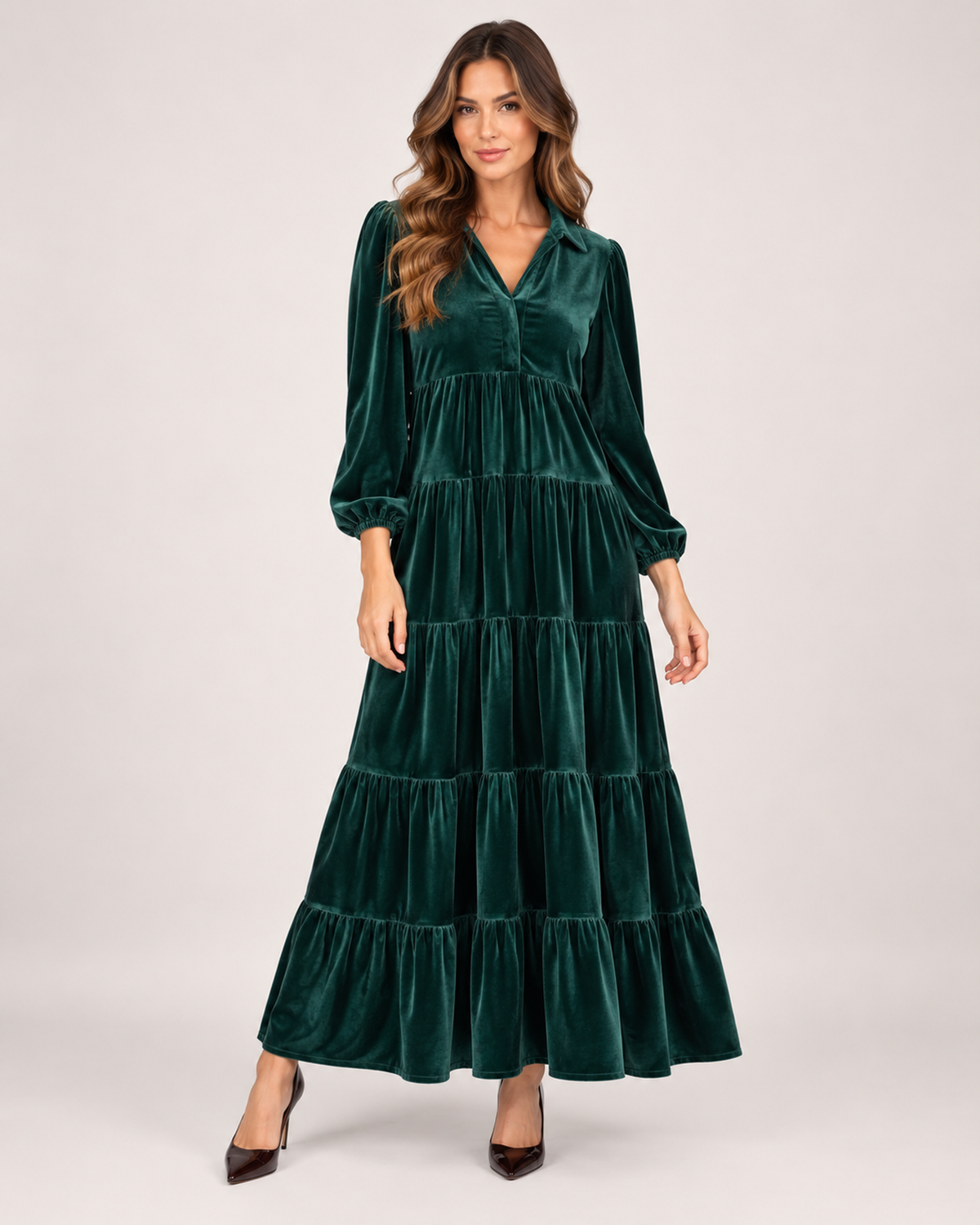 Women’s Velvet Maxi Dress with Collar and Tiered Skirt in Green, lower body product focus view