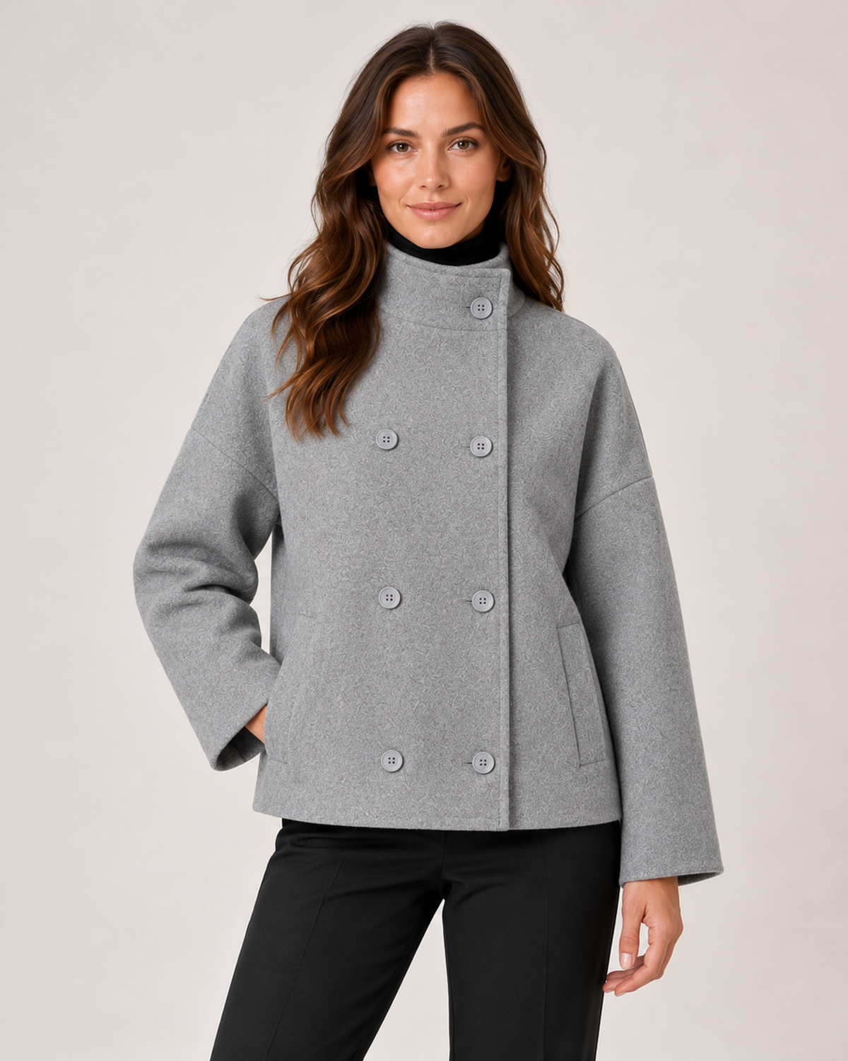 Women's Funnel Neck Coat with Double-Breasted Front grey close variant view