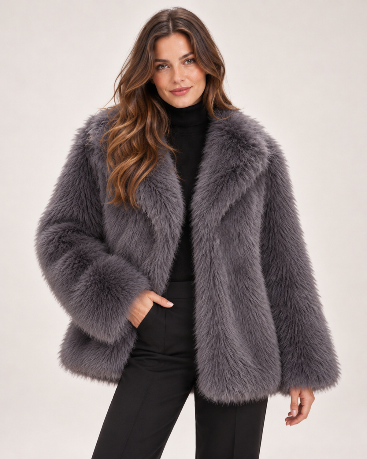 Women's Faux Fur Jacket with Wide Collar grey close variant view
