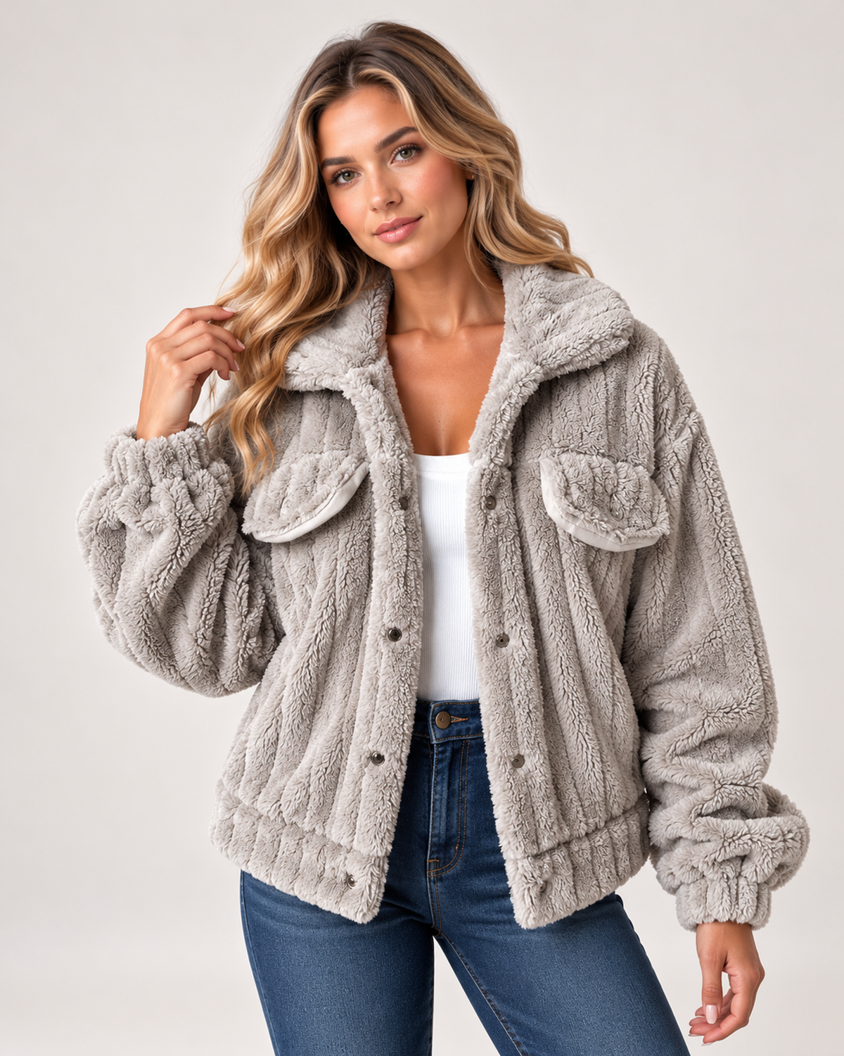 Women's Borg Jacket with Collar and Chest Pockets grey close variant view