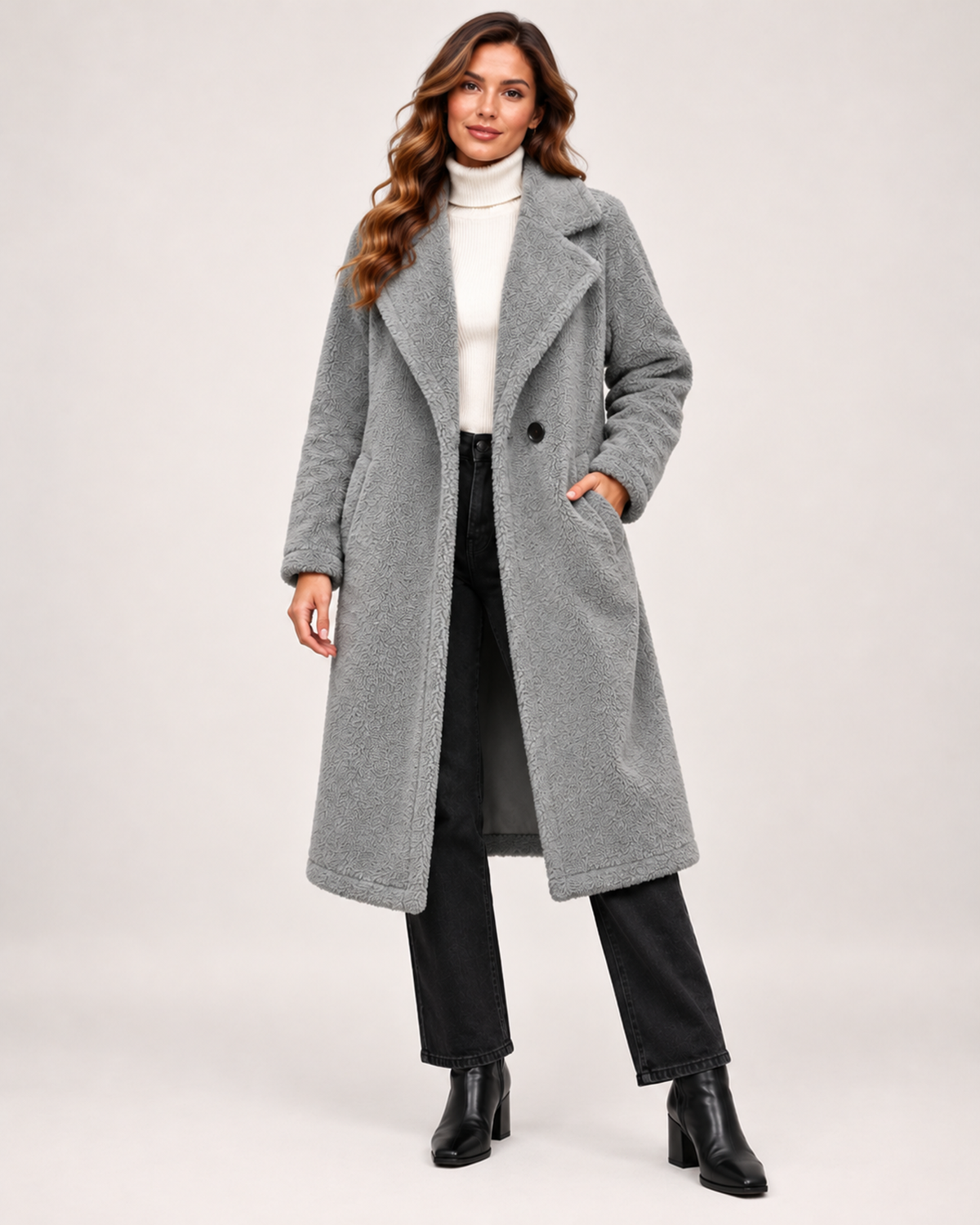 Women's Borg Coat with Long Shape and Lapel Collar grey close variant view