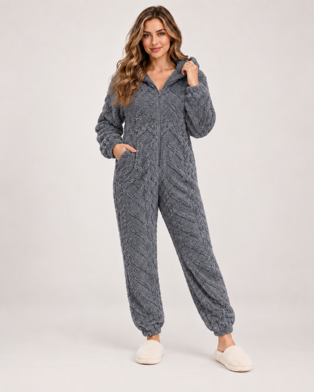 Women’s Fleece Pyjamas with Hood and Zip Front in Grey, full body view