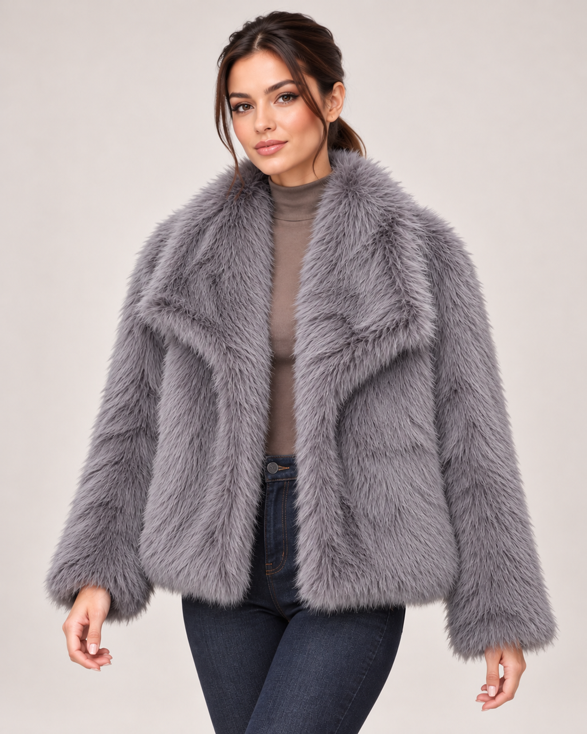 Women's Faux Fur Jacket with Wide Lapel Collar grey close variant view