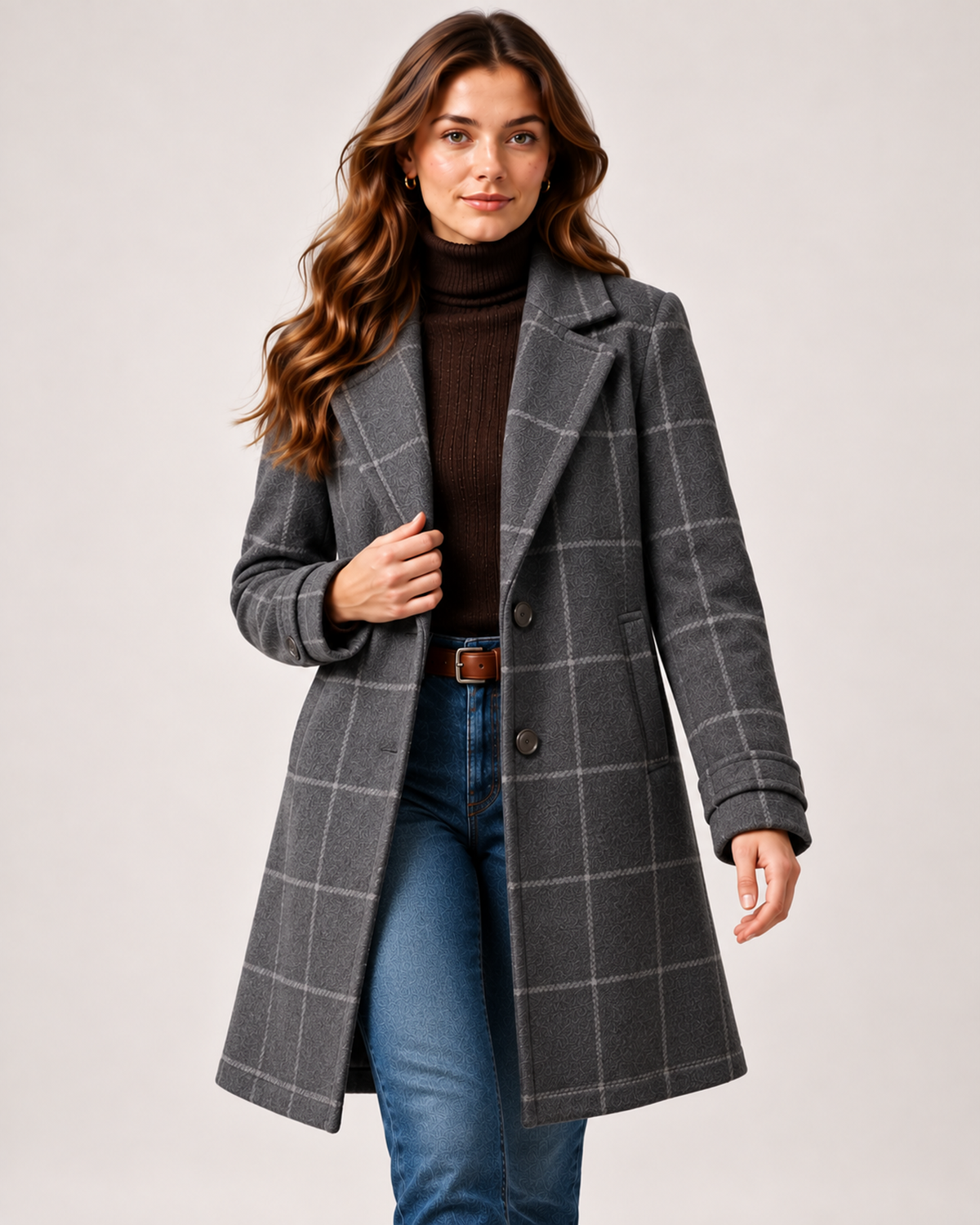 Women's Checked Coat Long Tailored Button Front Style grey close variant view
