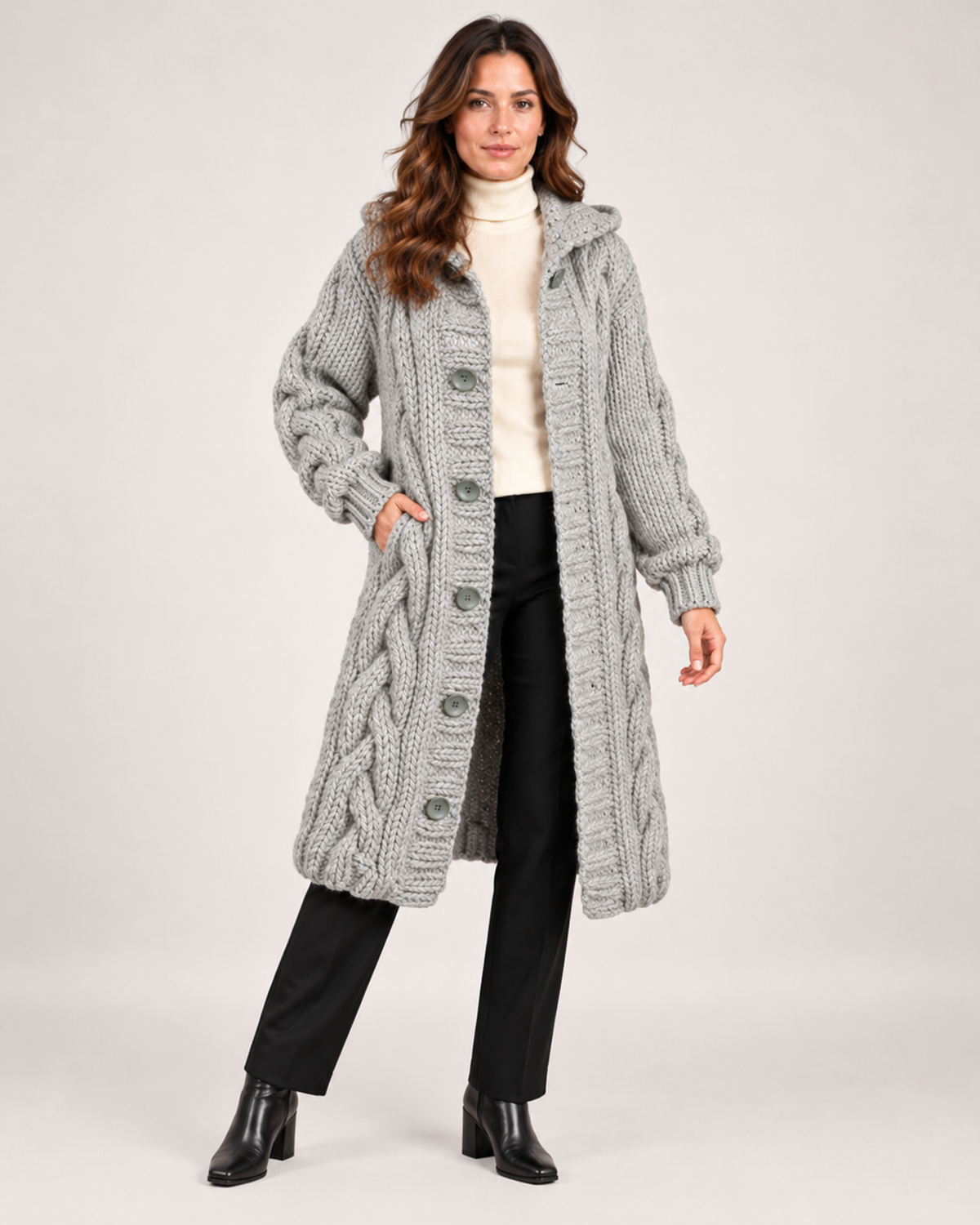 Women's Longline Cardigan with Cable Knit and Hood grey close variant view