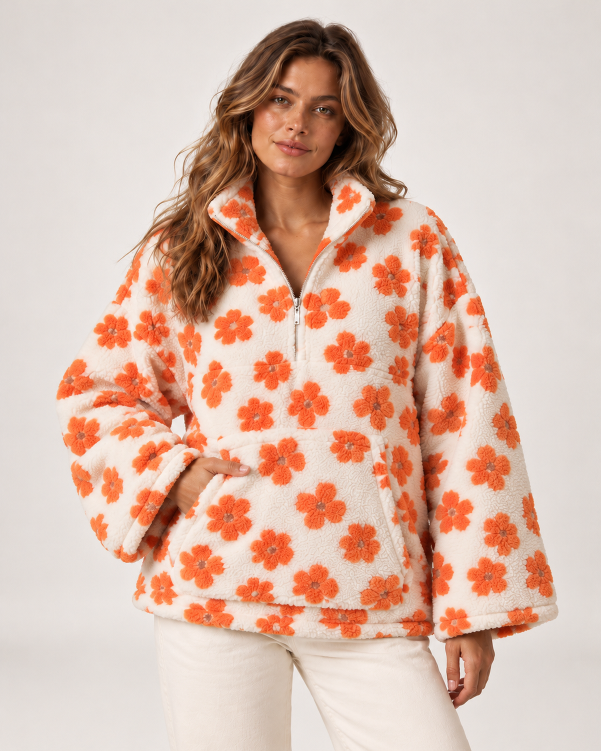 Women's Borg Jacket with Floral Pattern and Half Zip ivory orange floral close variant view