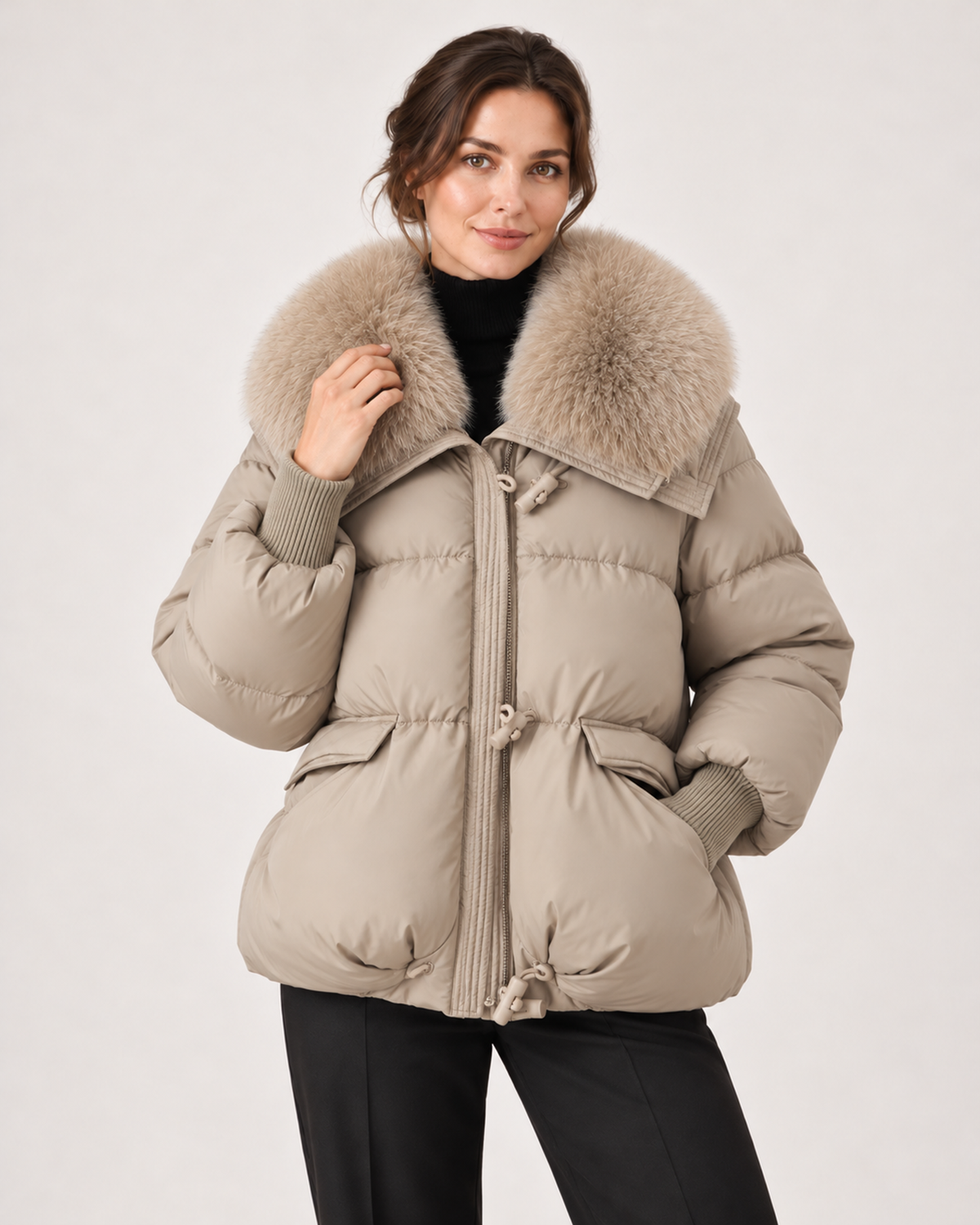 Women's Puffer Jacket with Faux Fur Collar and Drawstring Waist khaki close variant view