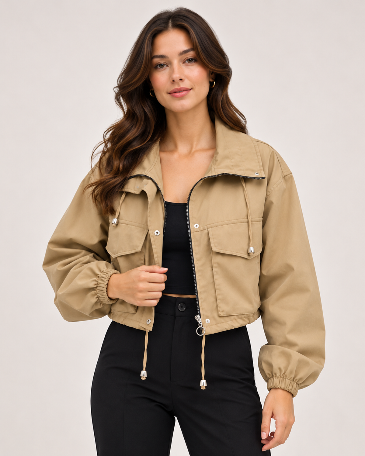 Women's Cropped Utility Jacket with Stand Collar and Chest Pockets khaki close variant view