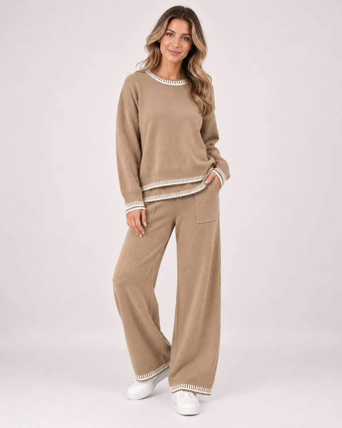 Women's Co-Ord Set with Jumper and Wide Leg Trousers khaki close variant view