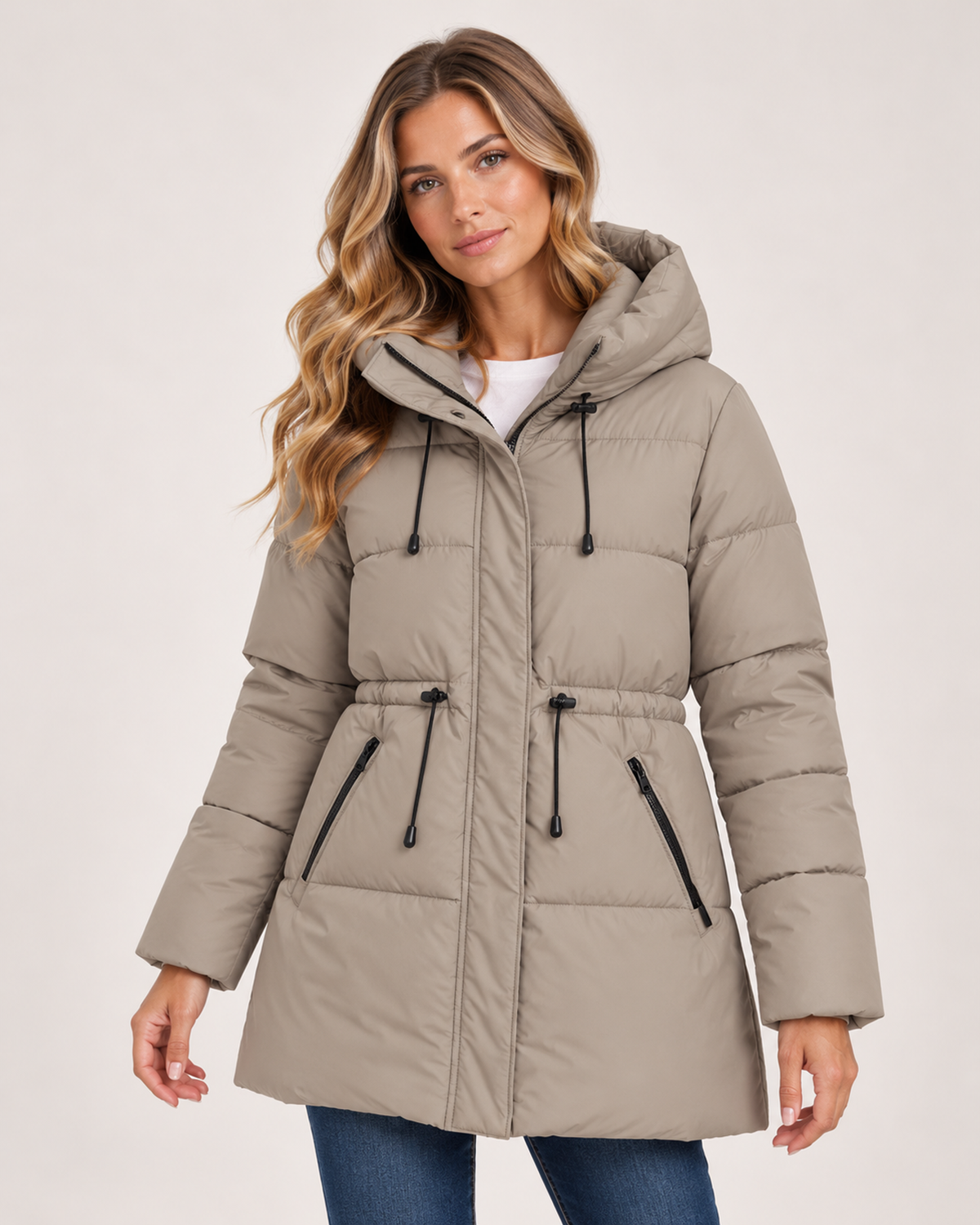 Women's Padded Coat with Hood and Drawstring Waist khaki close variant view