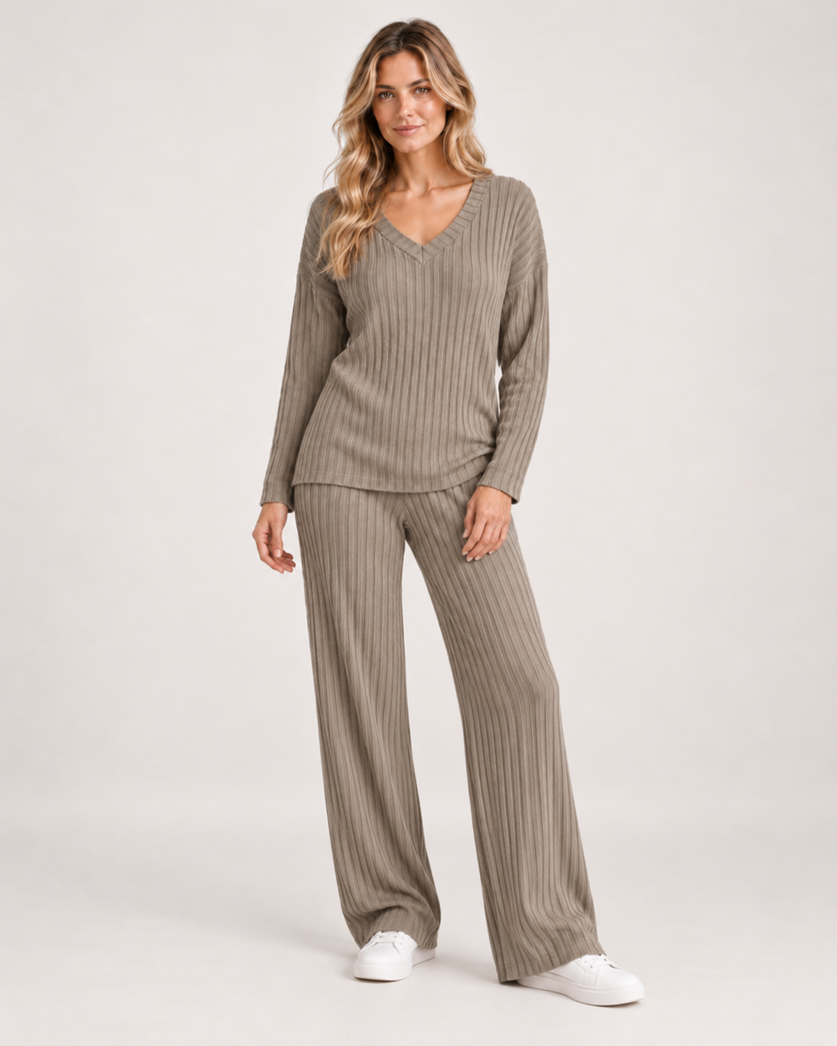 Women's Co-Ord Set with Ribbed V-Neck Top and Wide Leg Trousers khaki close variant view