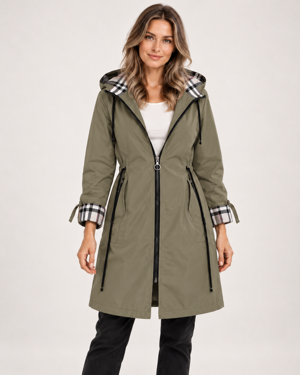 Women's Raincoat with Hood, Checked Trim and Belt khaki close variant view