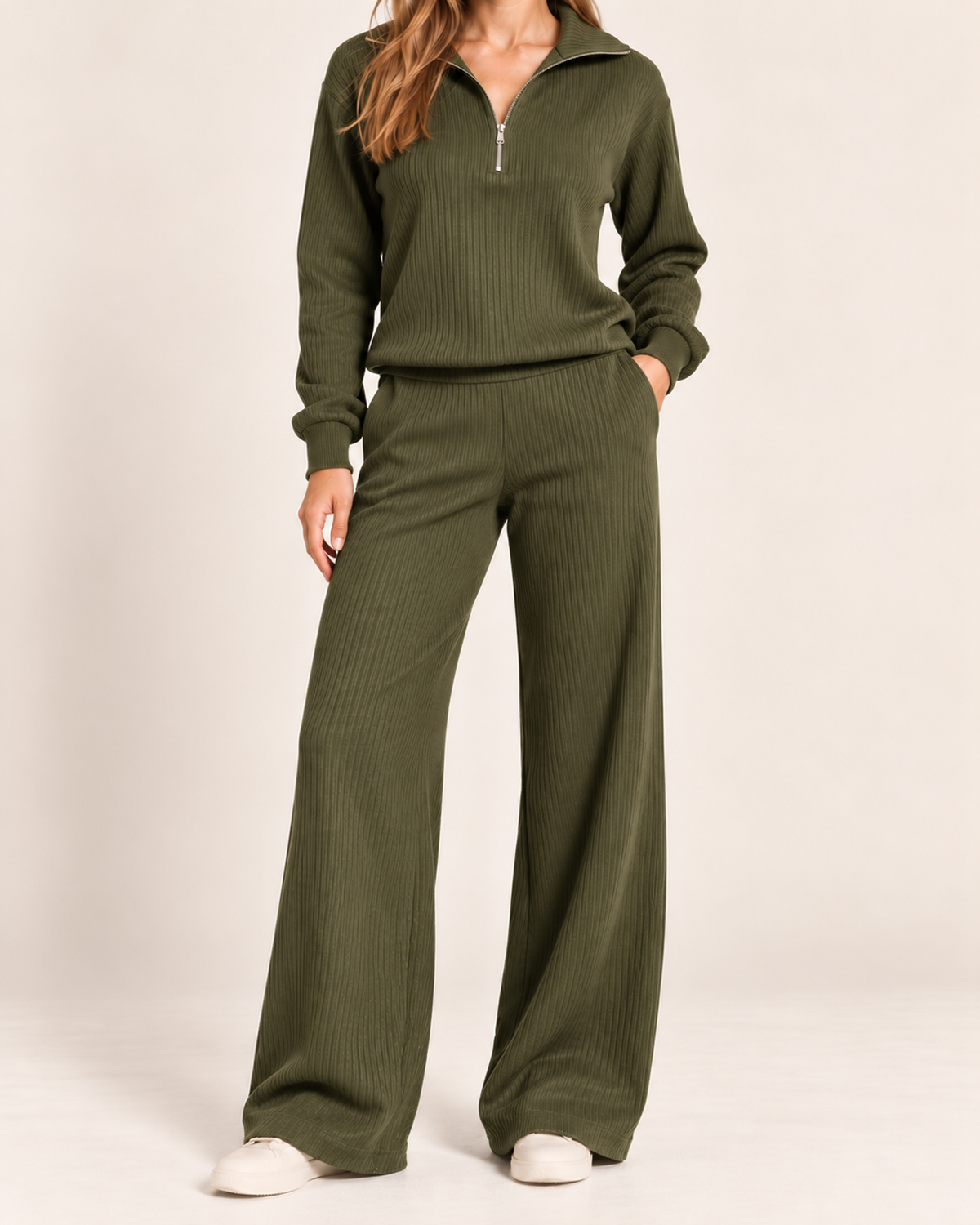 Women's khaki half zip co-ord set close variant view