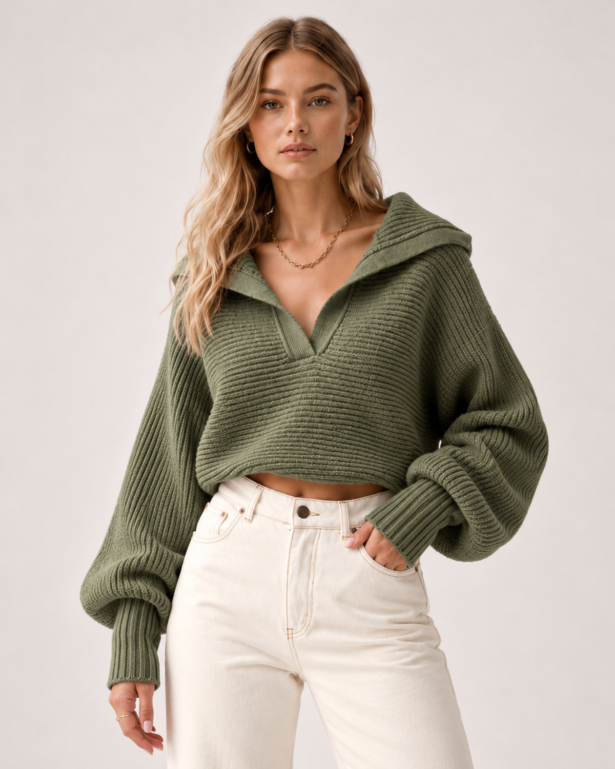 Women's Cropped Jumper Half Zip Chunky Knit Style khaki close variant view